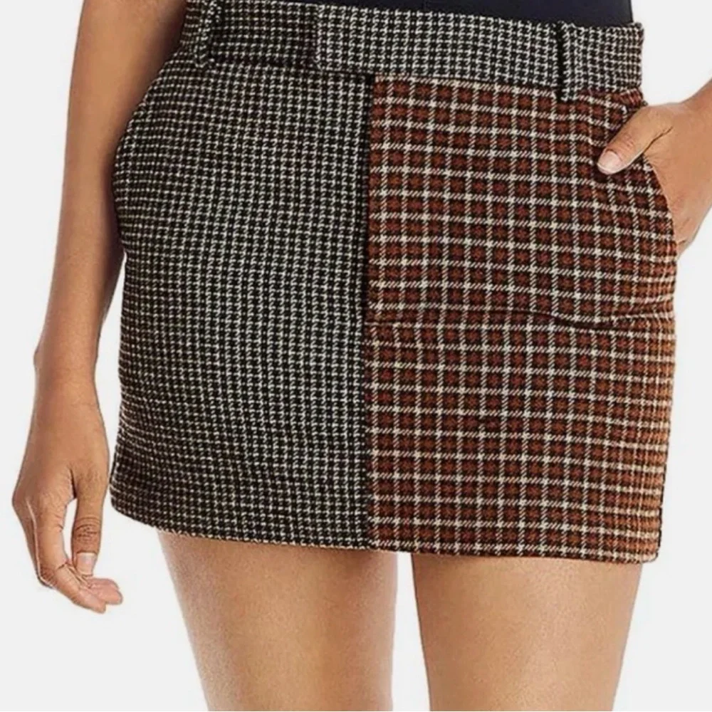 RAILS Mixed Plaid Mini Skirt Houndstooth Wool Blend Brown Black Size Small - Picture 2 of 9
